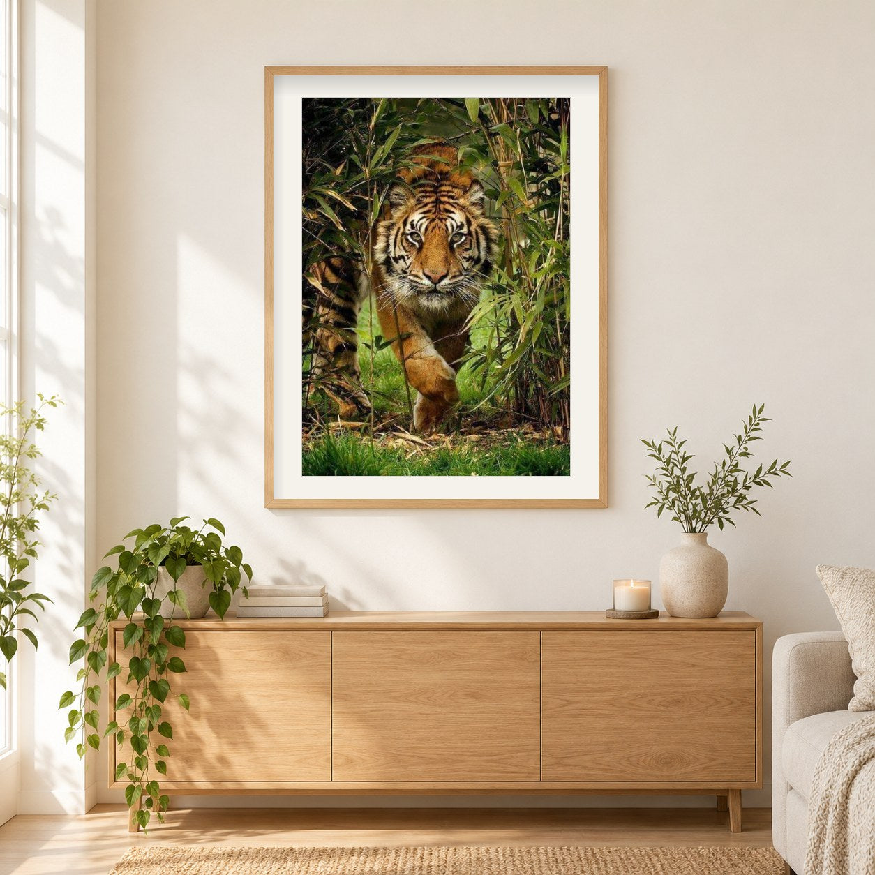 Tiger läuft aus dem Wald als gerahmtes Diamond Painting im Wohnzimmer