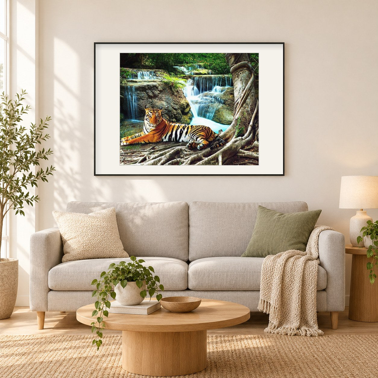Tiger ruhtn am Wasserfall als gerahmtes Diamond Painting im Wohnzimmer