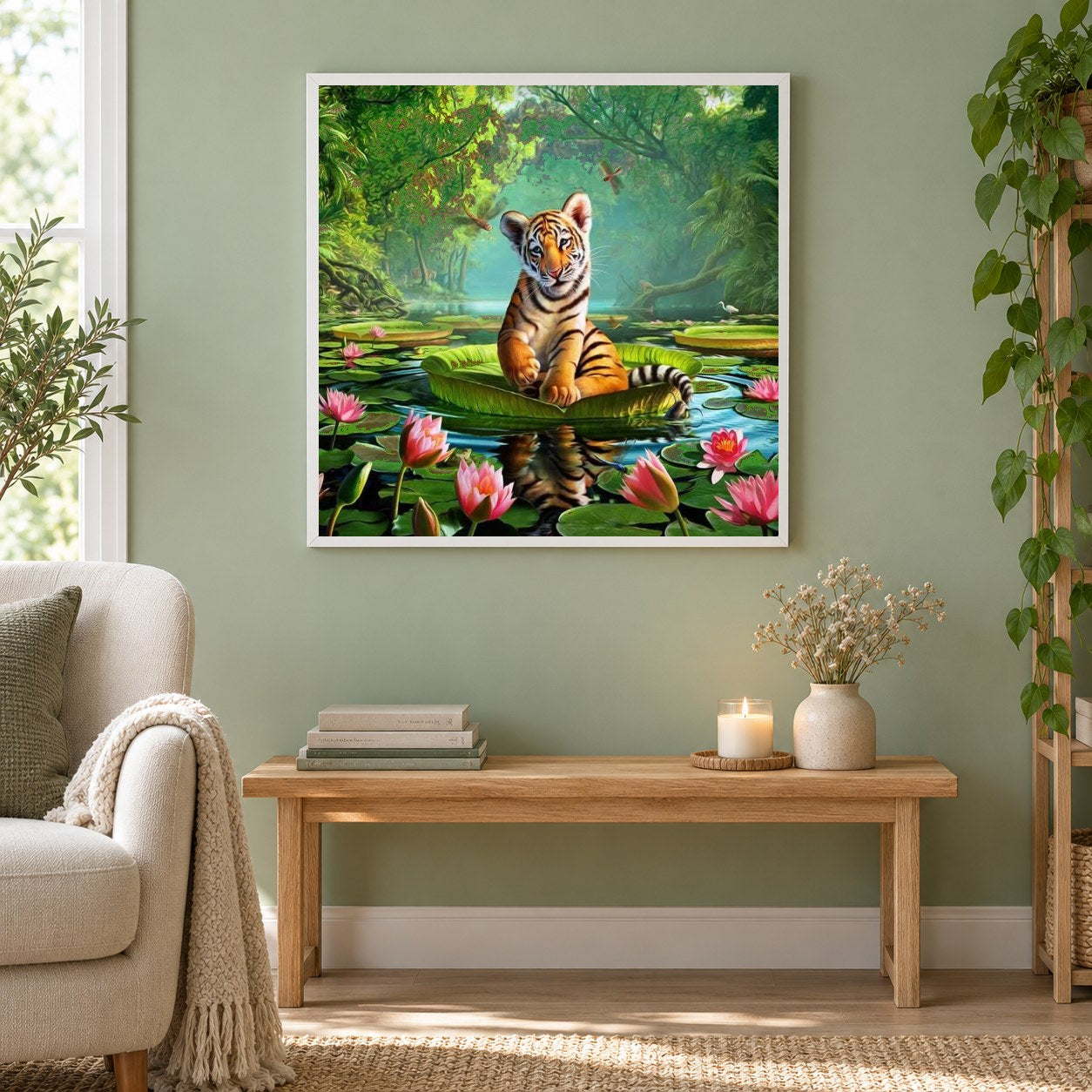 Tiger sitzen im Wasser Pfund als gerahmtes Diamond Painting im Wohnzimmer