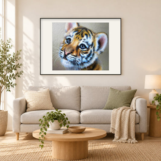 Tigerjunges als gerahmtes Diamond Painting im Wohnzimmer