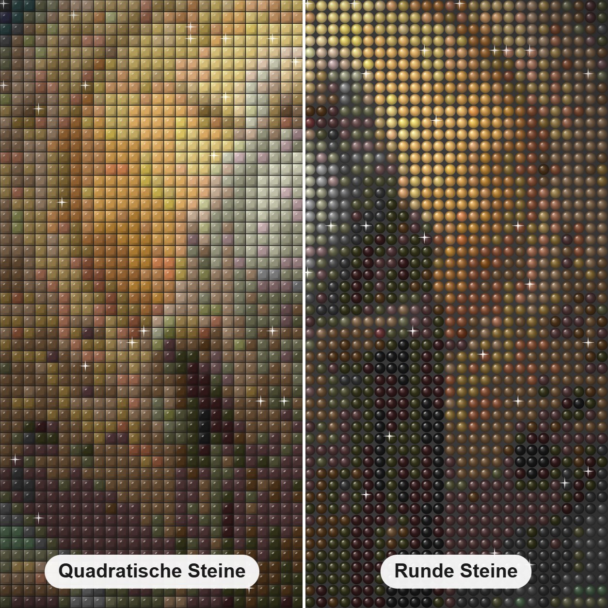 Die Zeit wird knapp Diamond Painting Nahaufnahme mit quadratischen und runden Steinen