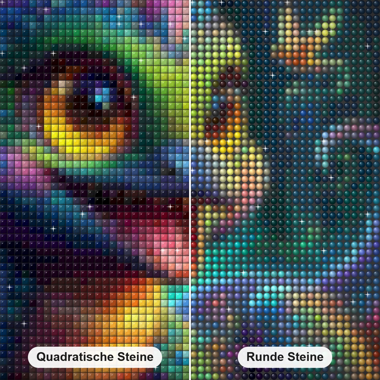 Tiny Allies Flugbegleiter Diamond Painting Nahaufnahme mit quadratischen und runden Steinen