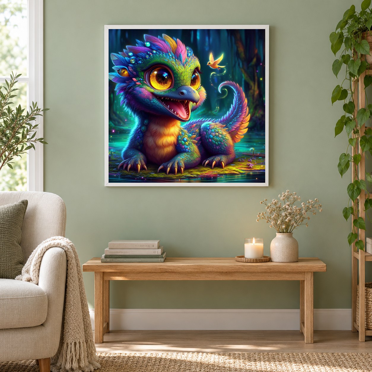 Tiny Allies Flugbegleiter als gerahmtes Diamond Painting im Wohnzimmer