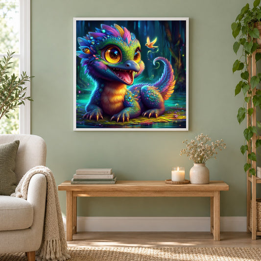 Tiny Allies Flugbegleiter als gerahmtes Diamond Painting im Wohnzimmer