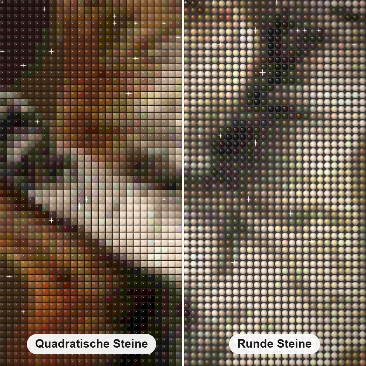 Titanic Katzen Diamond Painting Nahaufnahme mit quadratischen und runden Steinen