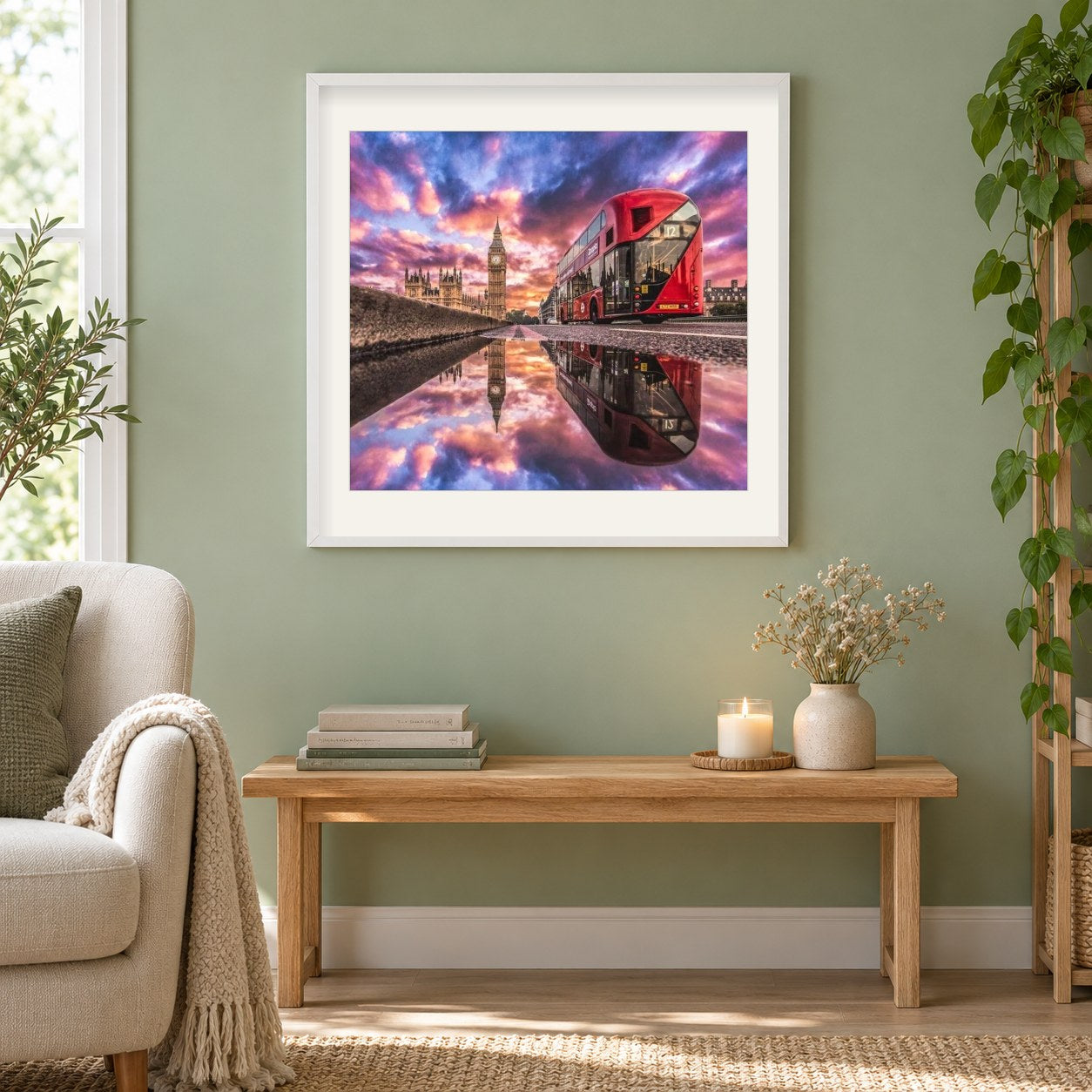 Tour zu den Londoner Straßen als gerahmtes Diamond Painting im Wohnzimmer