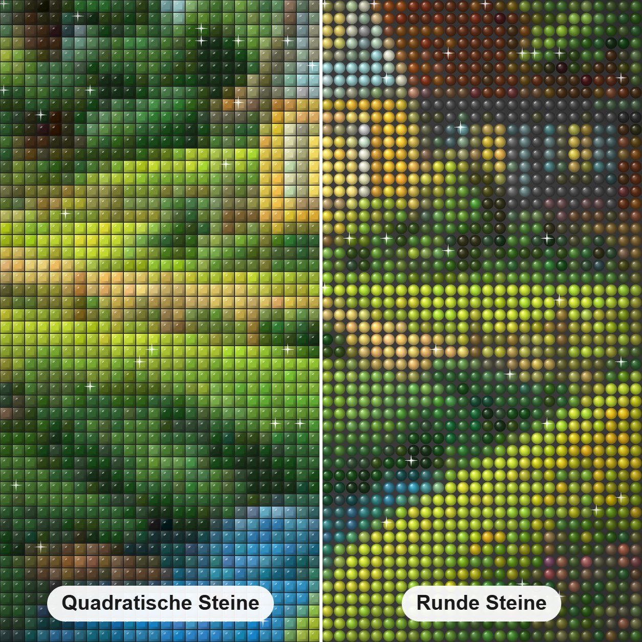 Ruhiger Wasserfluss in einem blühenden Tal Diamond Painting Nahaufnahme mit quadratischen und runden Steinen