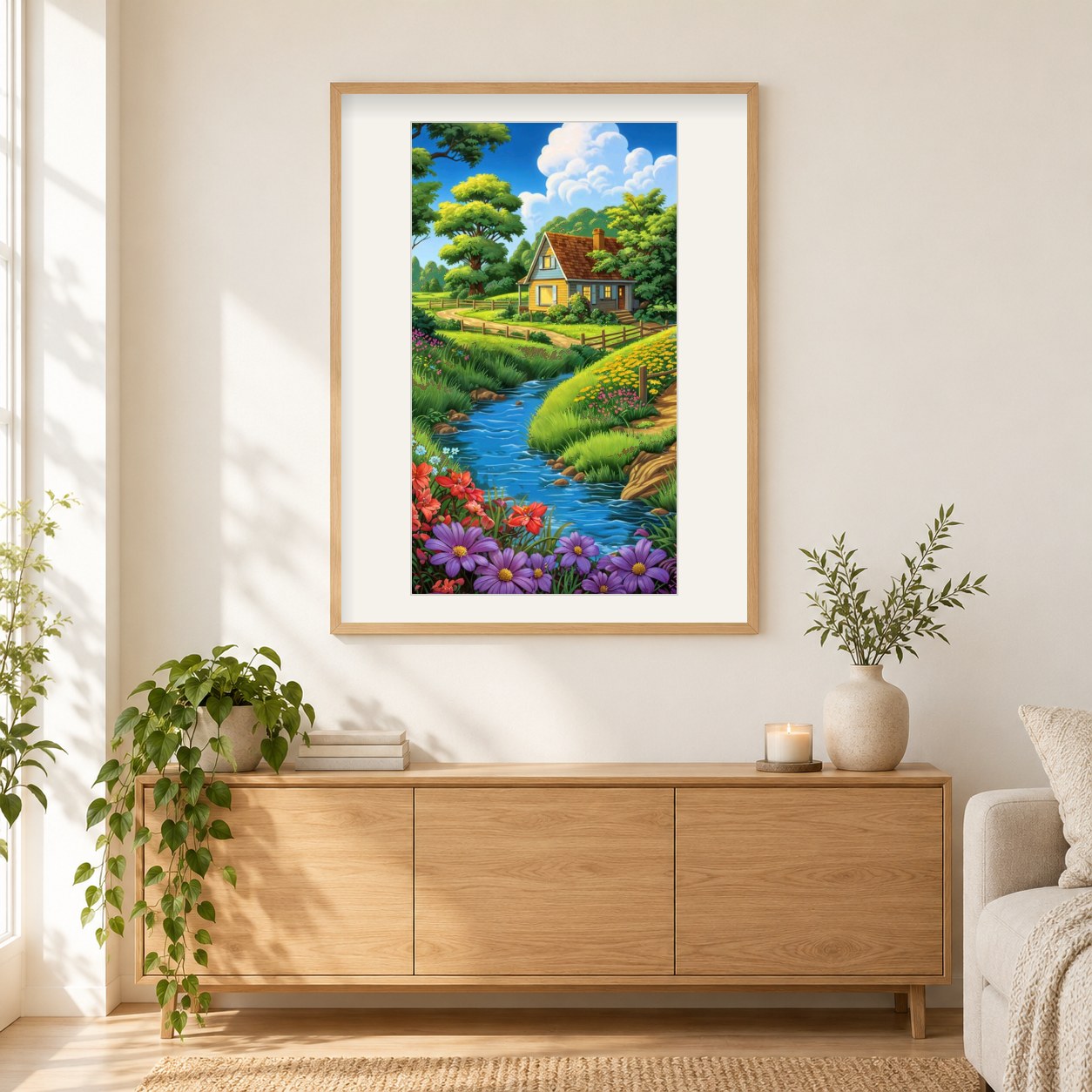 Ruhiger Wasserfluss in einem blühenden Tal als gerahmtes Diamond Painting im Wohnzimmer