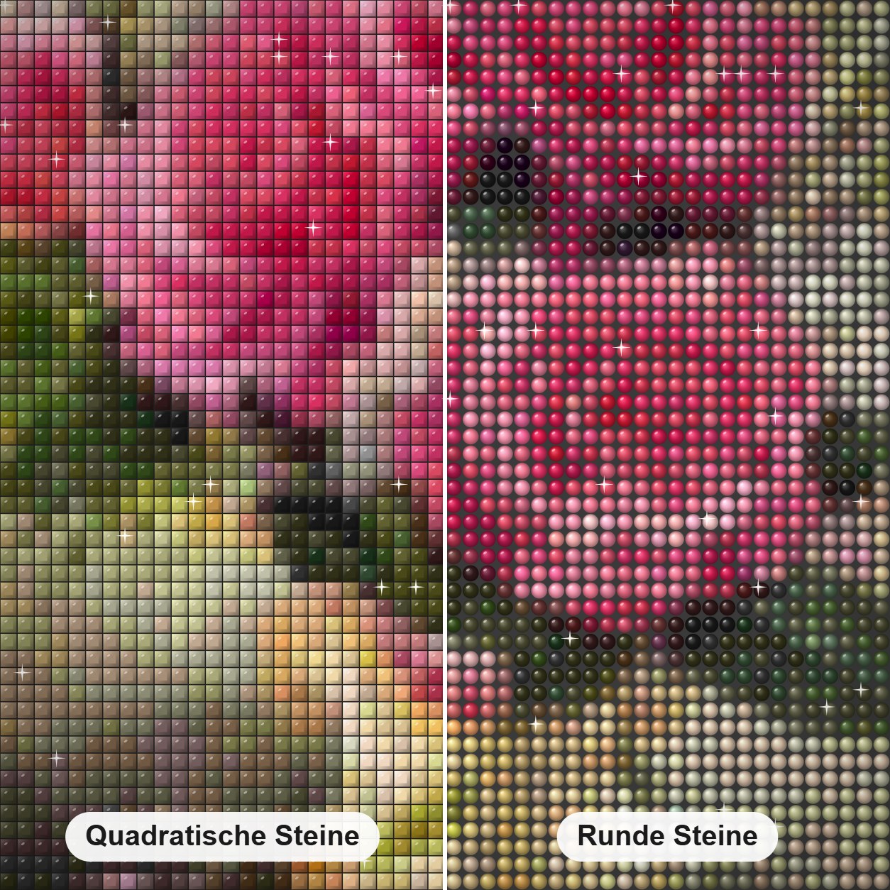 Trauben, Apfel & rosa Rosenvase Diamond Painting Nahaufnahme mit quadratischen und runden Steinen