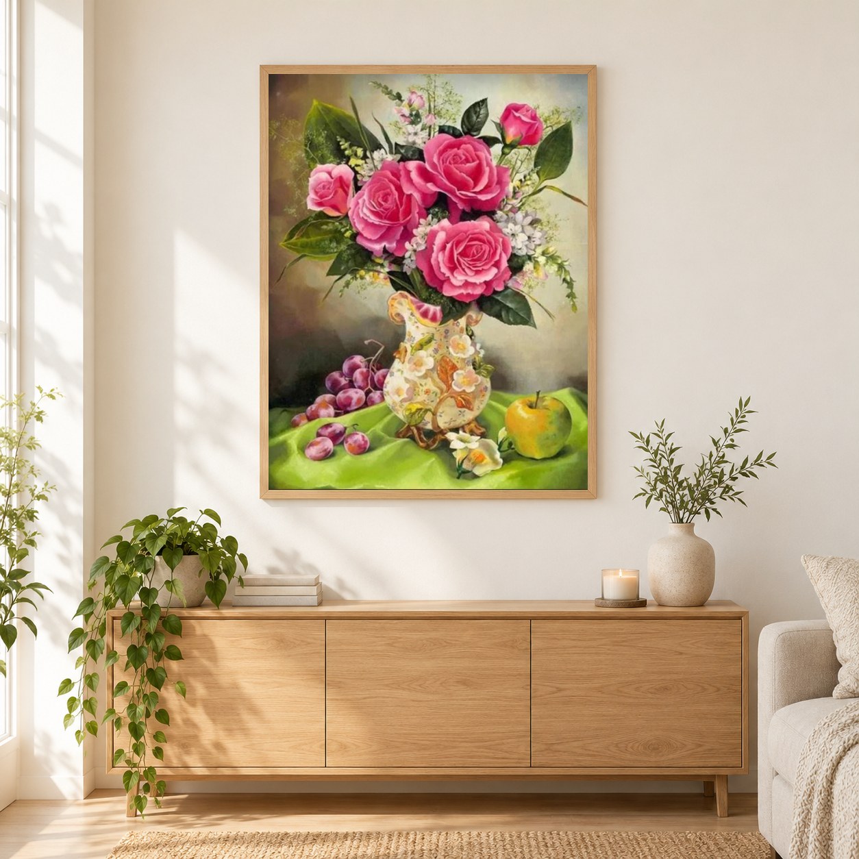 Trauben, Apfel & rosa Rosenvase als gerahmtes Diamond Painting im Wohnzimmer