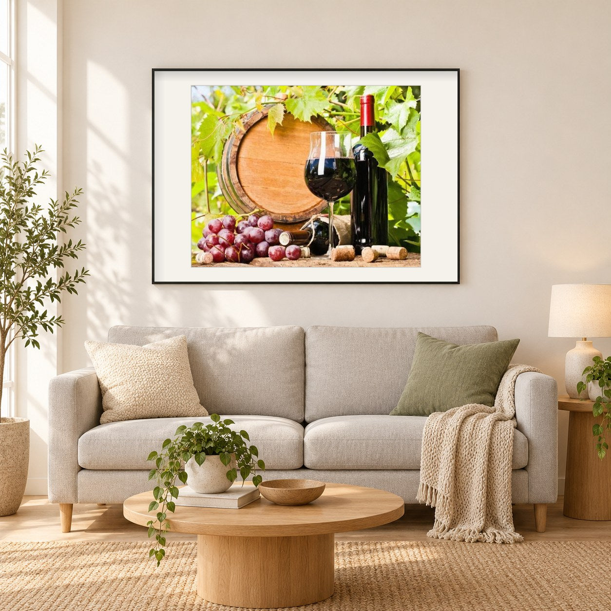 Trauben und Wein als gerahmtes Diamond Painting im Wohnzimmer