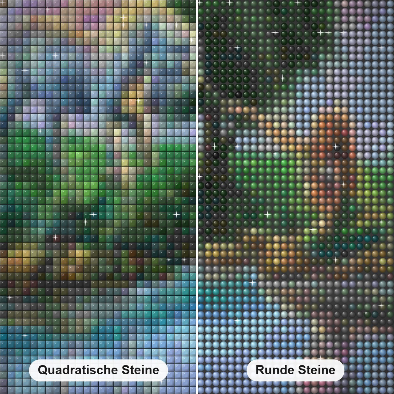 Trauminsel Diamond Painting Nahaufnahme mit quadratischen und runden Steinen