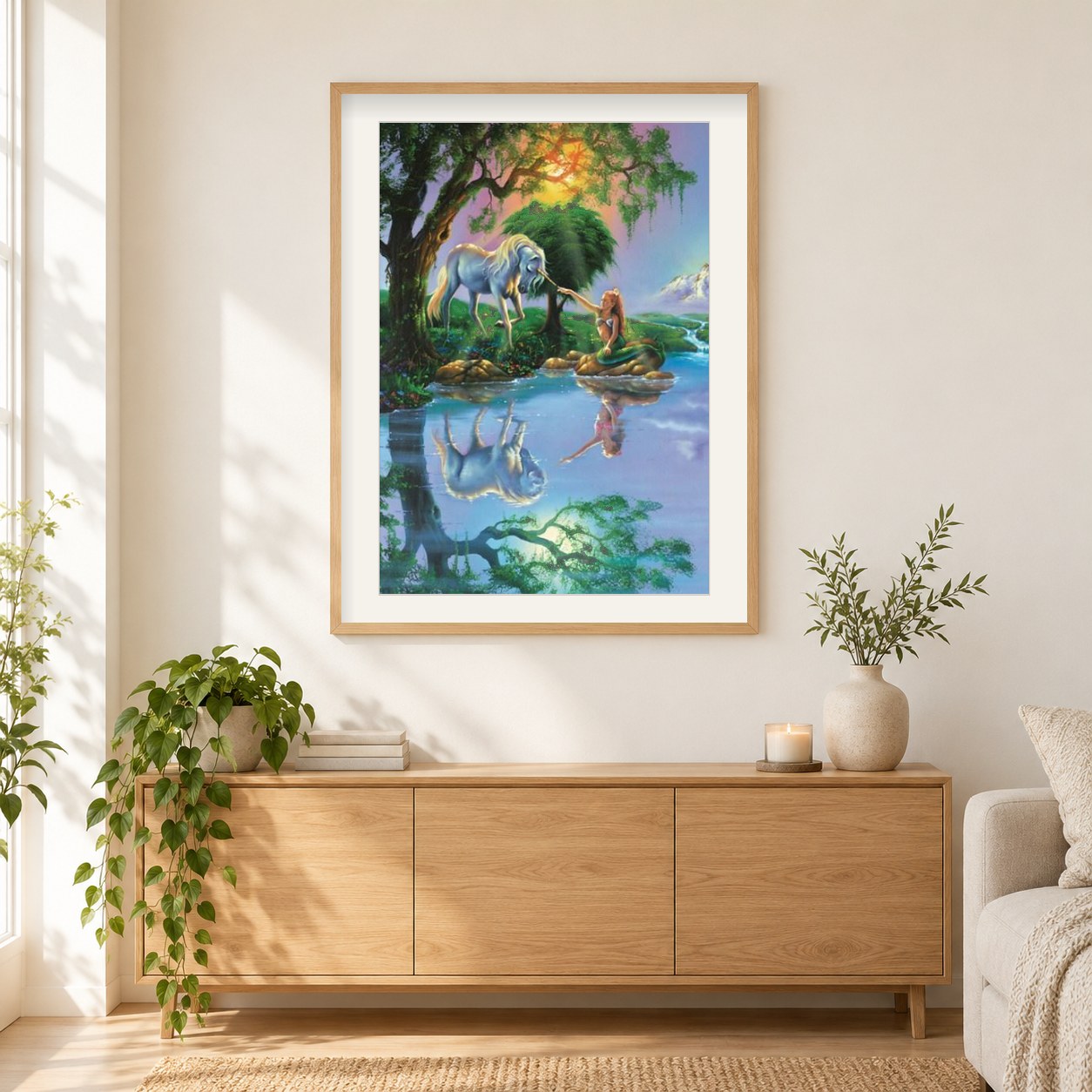 Trauminsel als gerahmtes Diamond Painting im Wohnzimmer