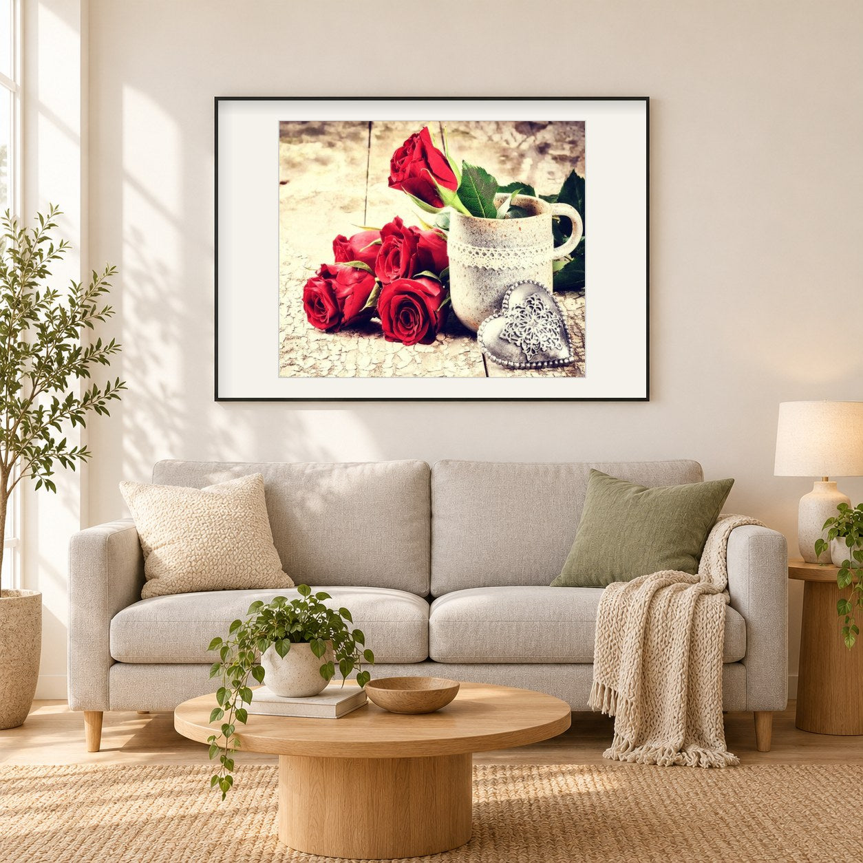 Traumrosen als gerahmtes Diamond Painting im Wohnzimmer