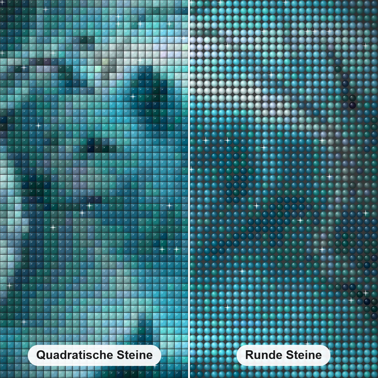 Traumwölfe Diamond Painting Nahaufnahme mit quadratischen und runden Steinen