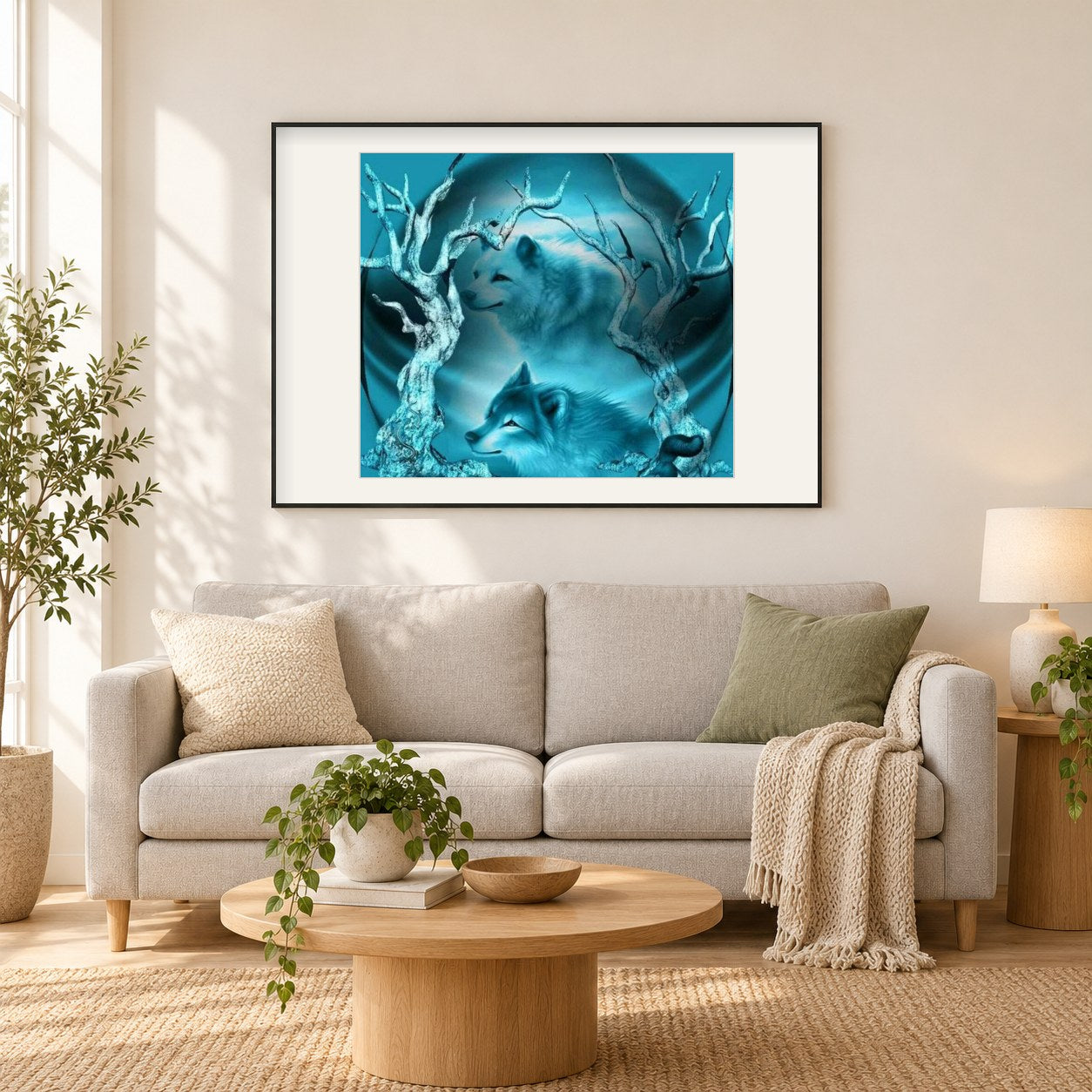 Traumwölfe als gerahmtes Diamond Painting im Wohnzimmer