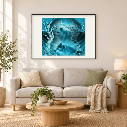 Traumwölfe als gerahmtes Diamond Painting im Wohnzimmer