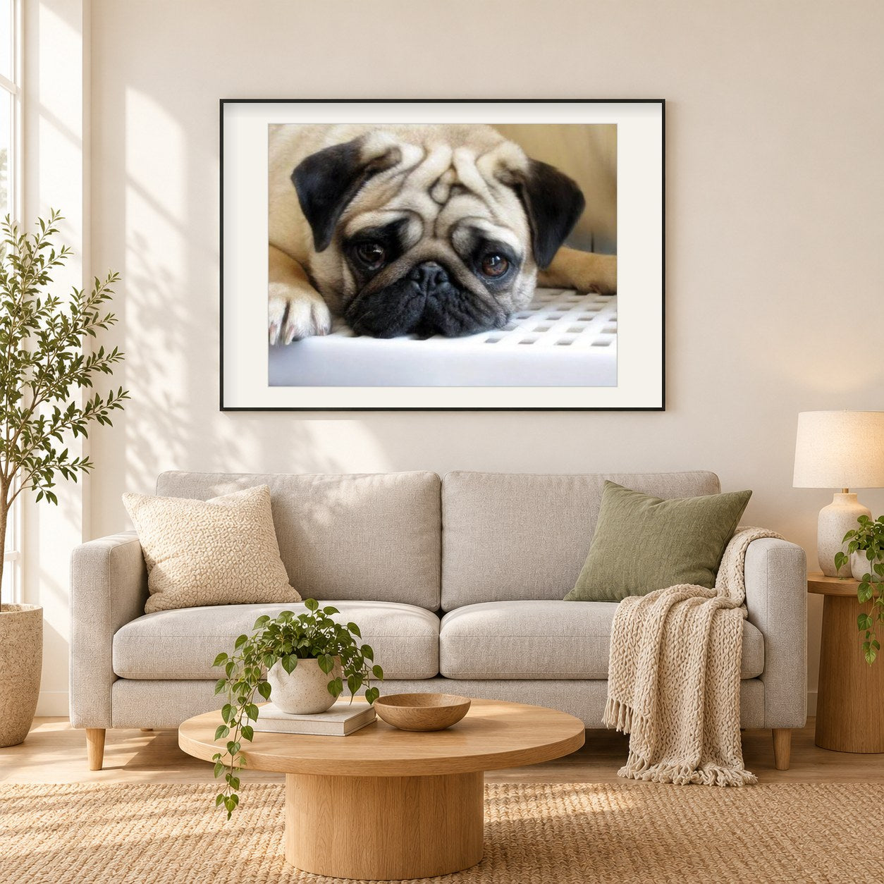 Traurige Mops-Hundemalerei als gerahmtes Diamond Painting im Wohnzimmer