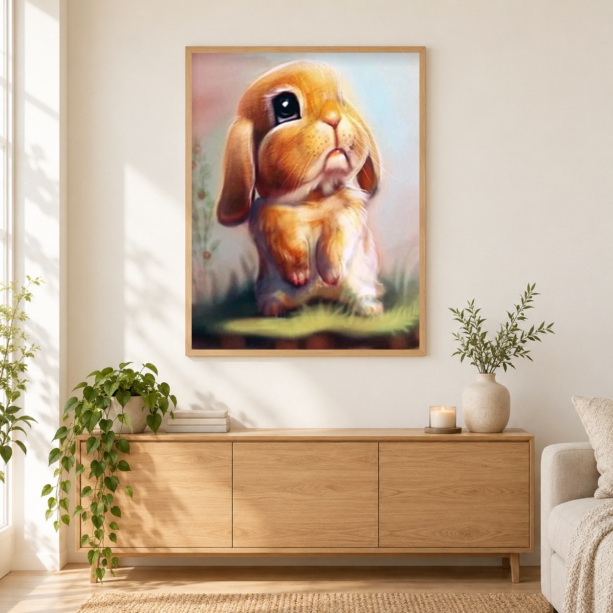 trauriger Hase als gerahmtes Diamond Painting im Wohnzimmer