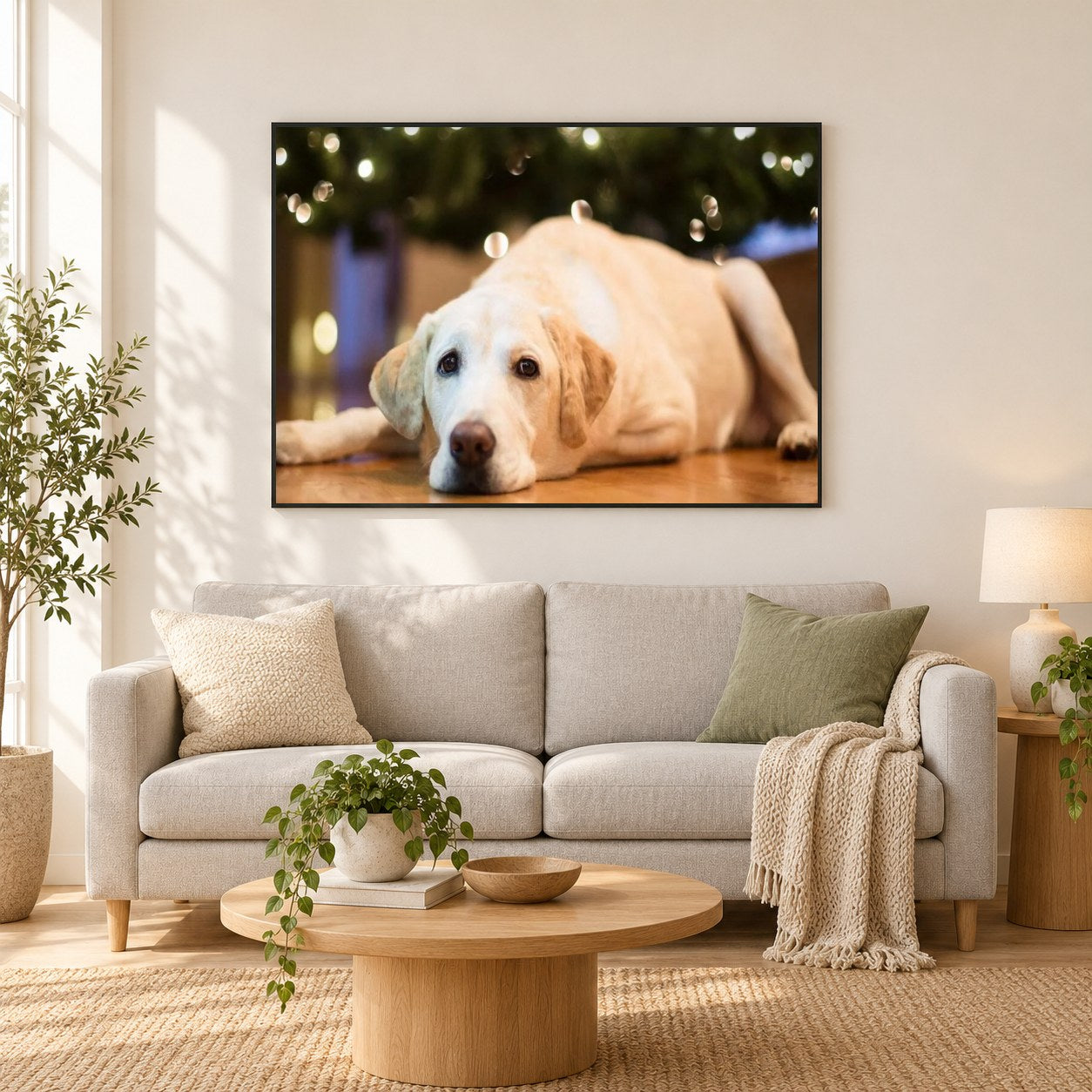 Trauriger Labrador Retriever Hun als gerahmtes Diamond Painting im Wohnzimmer