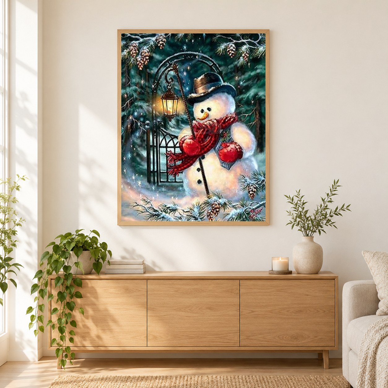 Trauriger Schneemann mit Laterne als gerahmtes Diamond Painting im Wohnzimmer