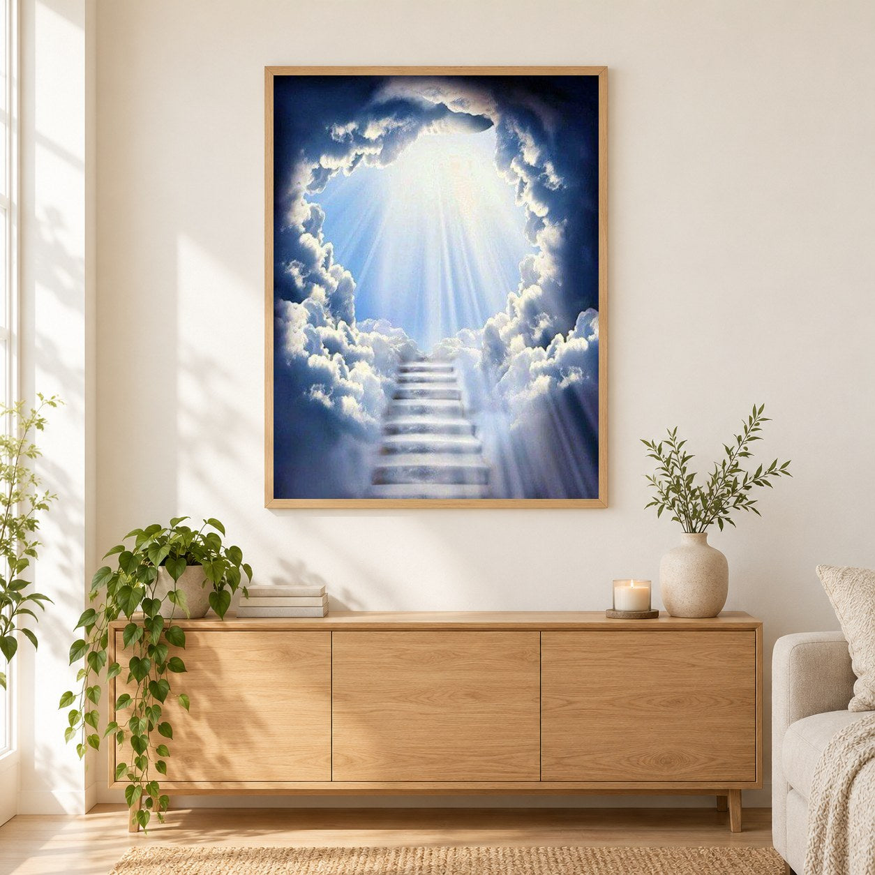 Treppe zum Himmel als gerahmtes Diamond Painting im Wohnzimmer
