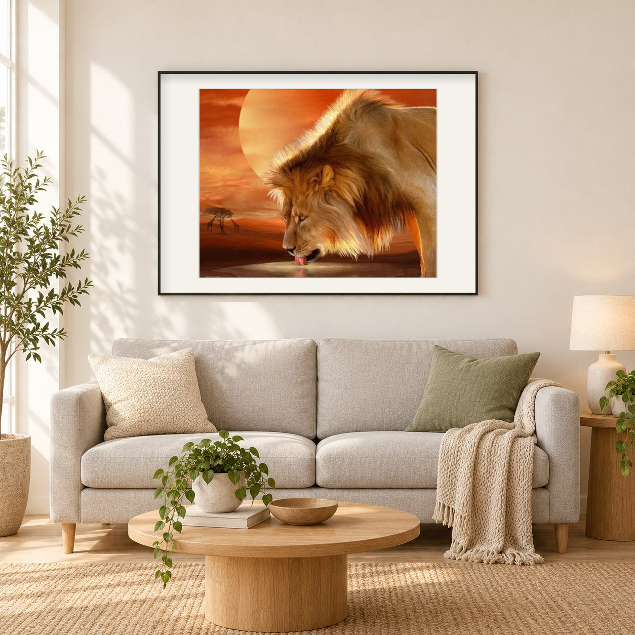 Trinkwasser des afrikanischen Löwen als gerahmtes Diamond Painting im Wohnzimmer