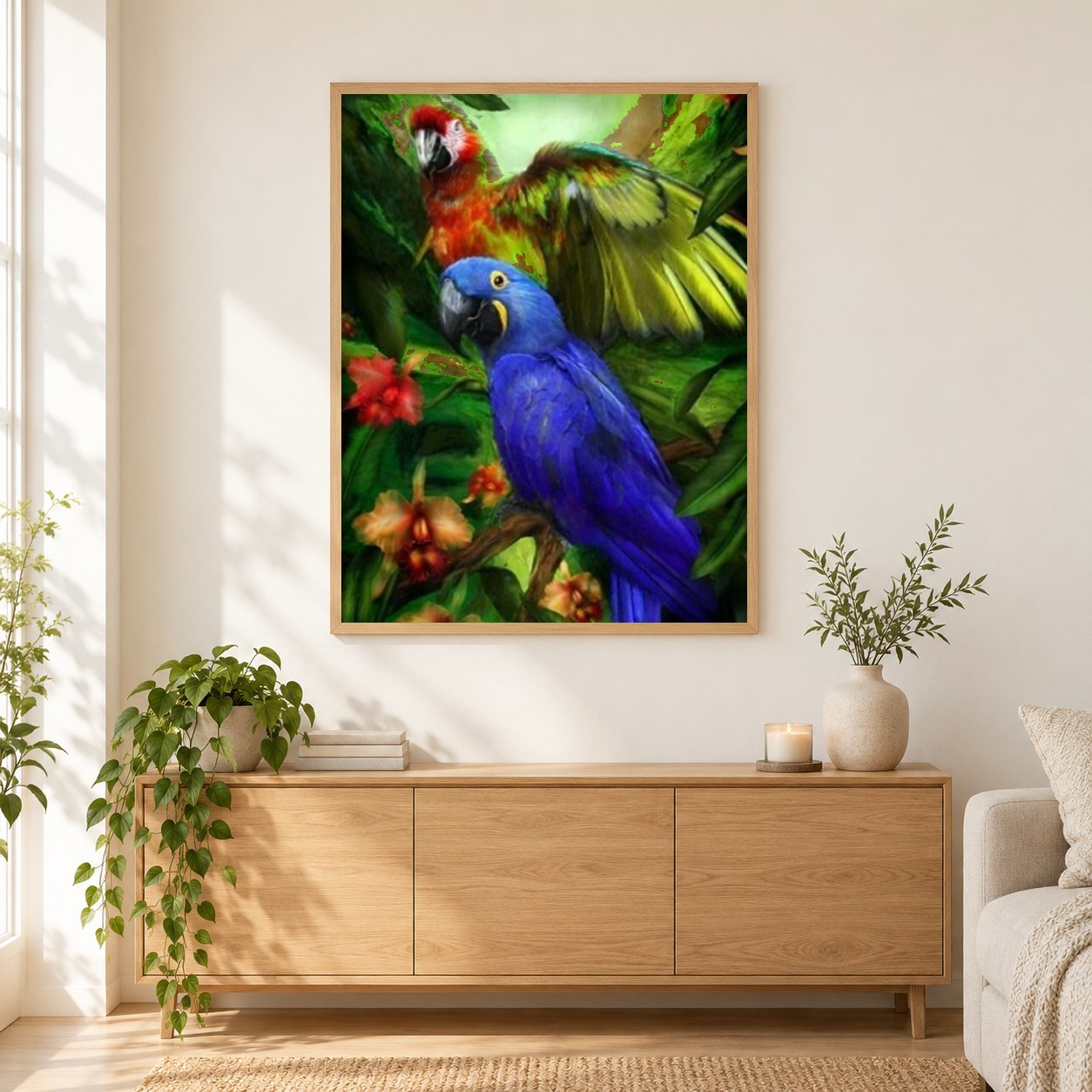 Tropische Vögel als gerahmtes Diamond Painting im Wohnzimmer