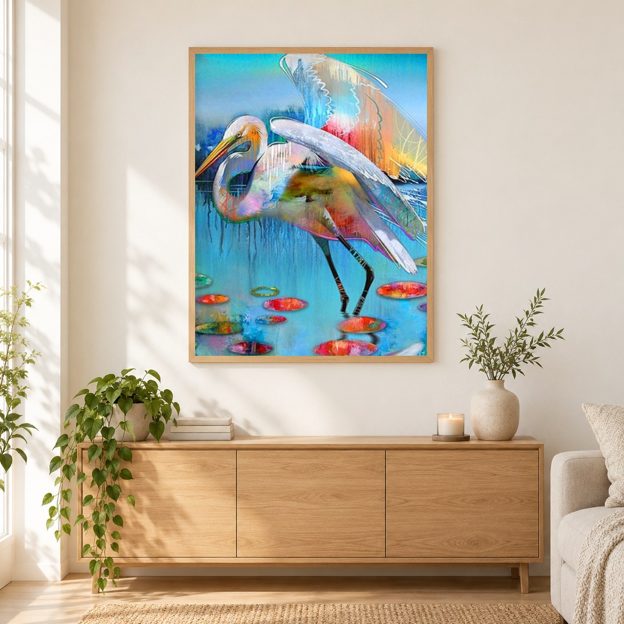 Tropische Vogelkunst als gerahmtes Diamond Painting im Wohnzimmer