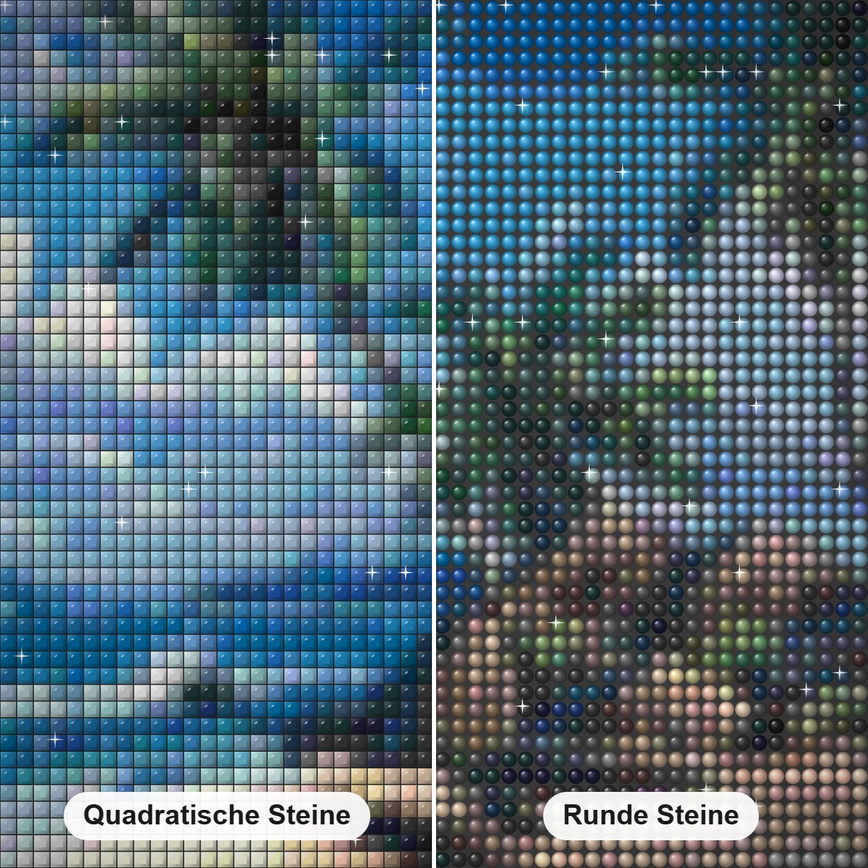 Tropisches Paradies Diamond Painting Nahaufnahme mit quadratischen und runden Steinen