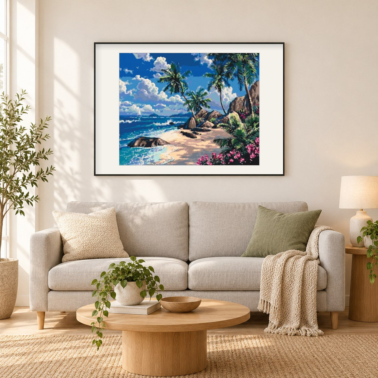 Tropisches Paradies als gerahmtes Diamond Painting im Wohnzimmer