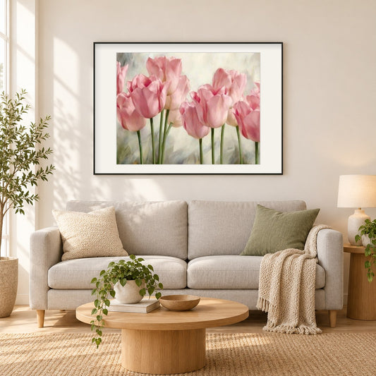 Tulips 3D als gerahmtes Diamond Painting im Wohnzimmer
