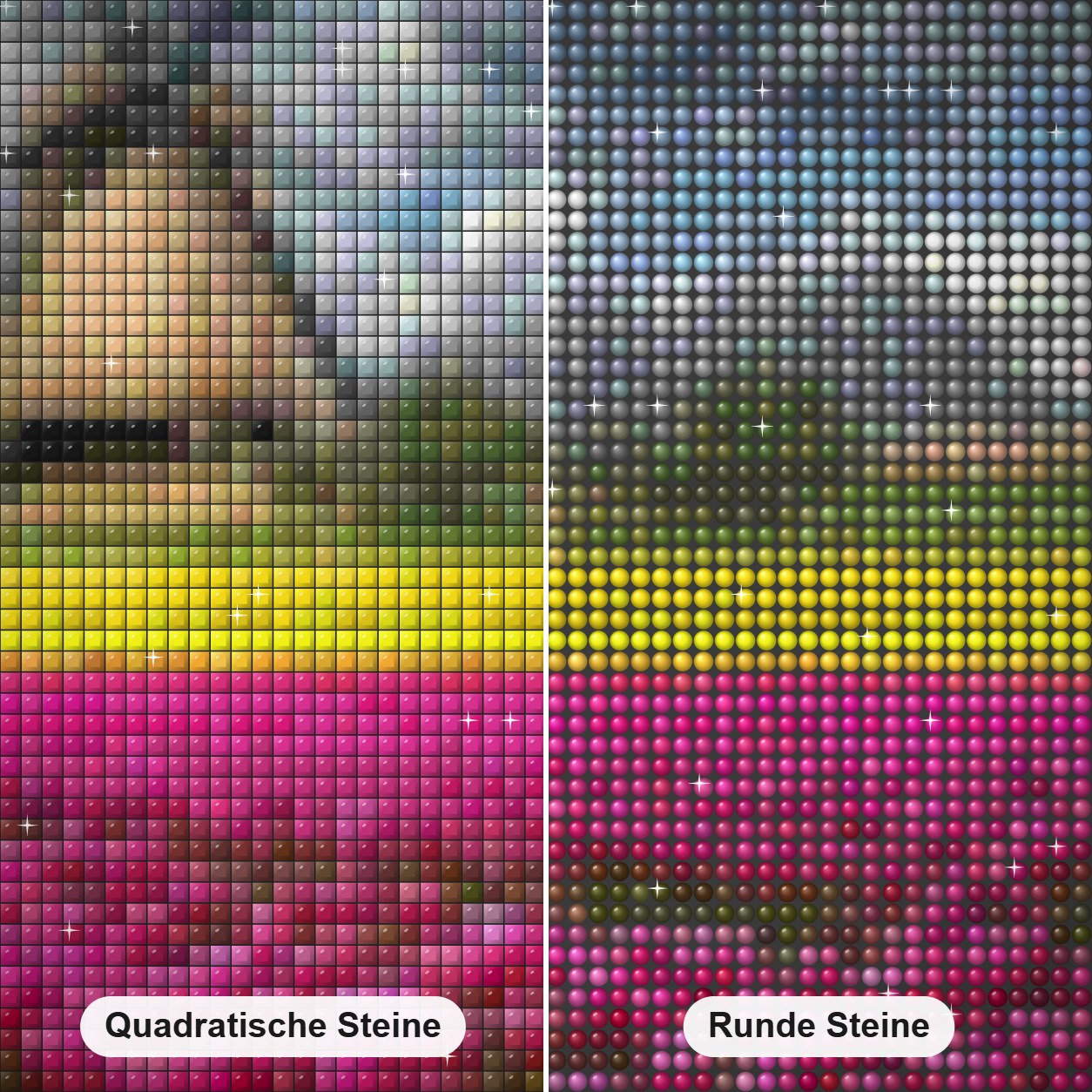 Tulpengarten & Windmühle Diamond Painting Nahaufnahme mit quadratischen und runden Steinen