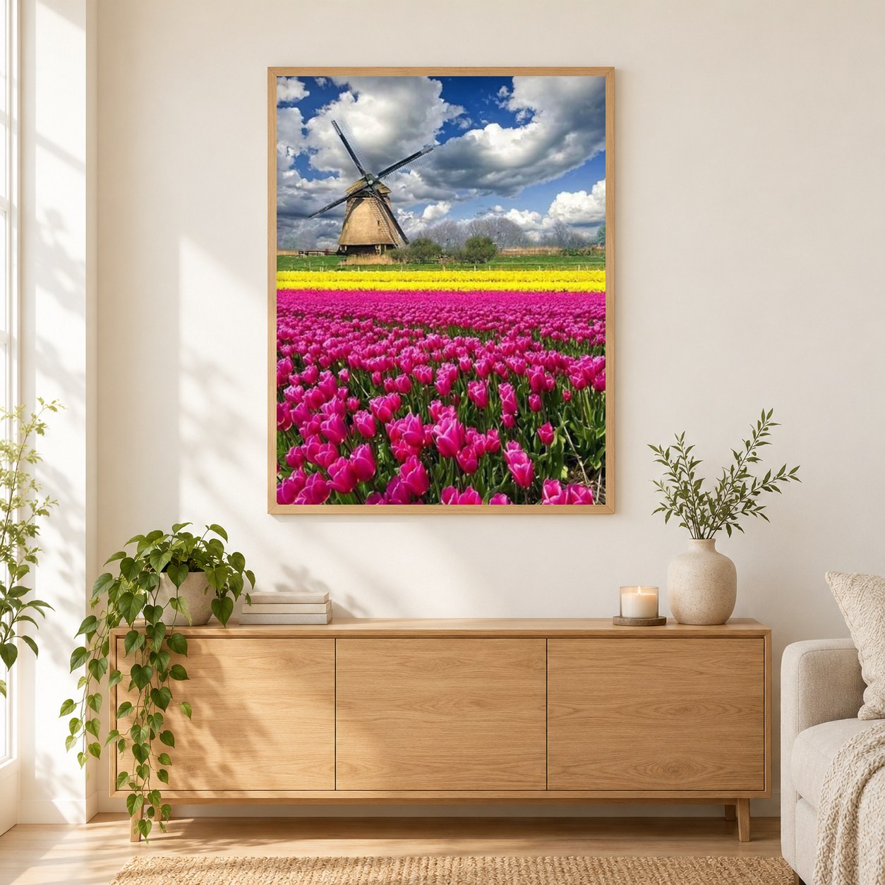 Tulpengarten & Windmühle als gerahmtes Diamond Painting im Wohnzimmer