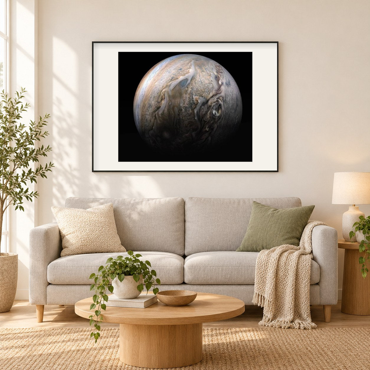 Tumultuöse Wolken des Jupiter als gerahmtes Diamond Painting im Wohnzimmer