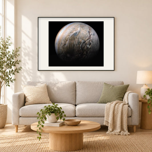 Tumultuöse Wolken des Jupiter als gerahmtes Diamond Painting im Wohnzimmer