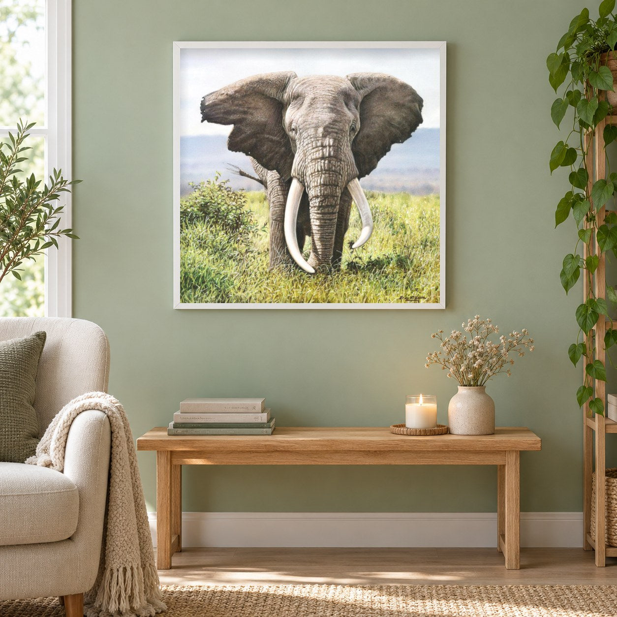 Tusker -  Kunst des Eric Wilson als gerahmtes Diamond Painting im Wohnzimmer