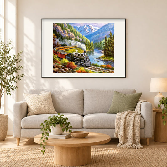 Fahrender Zug als gerahmtes Diamond Painting im Wohnzimmer