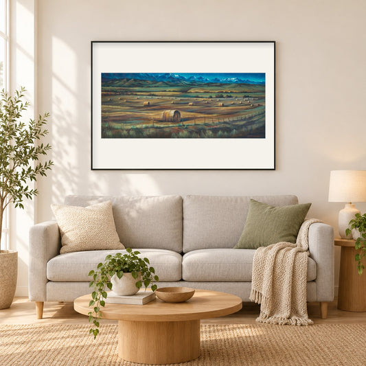 Unter dem Erntemond - Kunst des Jonn Einerssen als gerahmtes Diamond Painting im Wohnzimmer