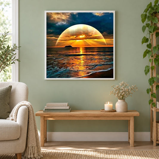 Unglaubliche Sonnenuntergang Ansicht als gerahmtes Diamond Painting im Wohnzimmer