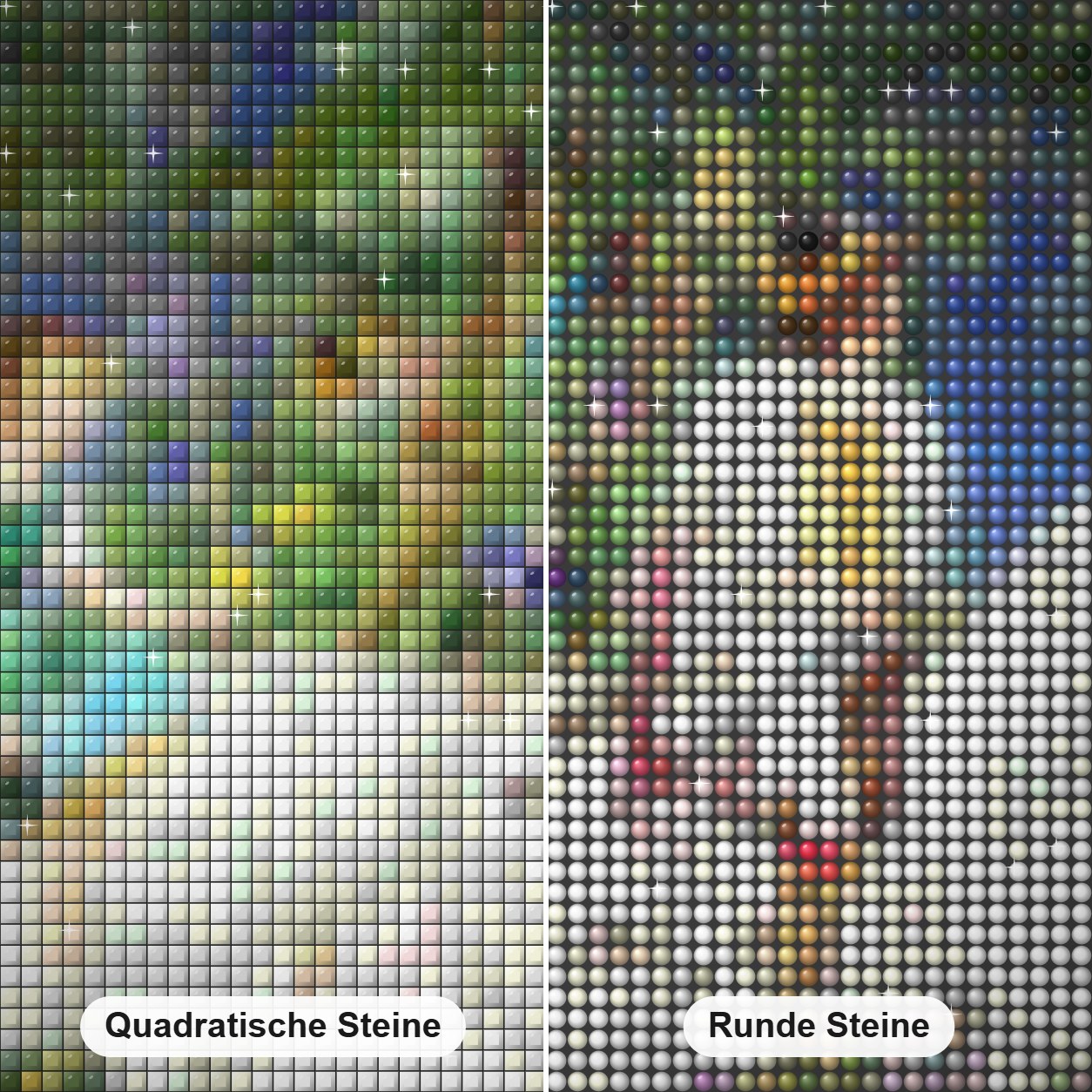 Einhörner und Reiter - Kunst des Barbara Behr Diamond Painting Nahaufnahme mit quadratischen und runden Steinen
