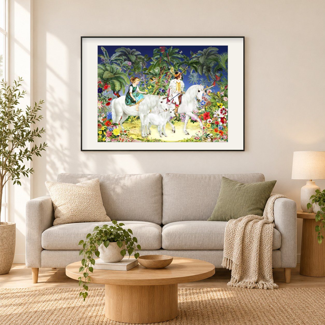 Einhörner und Reiter - Kunst des Barbara Behr als gerahmtes Diamond Painting im Wohnzimmer