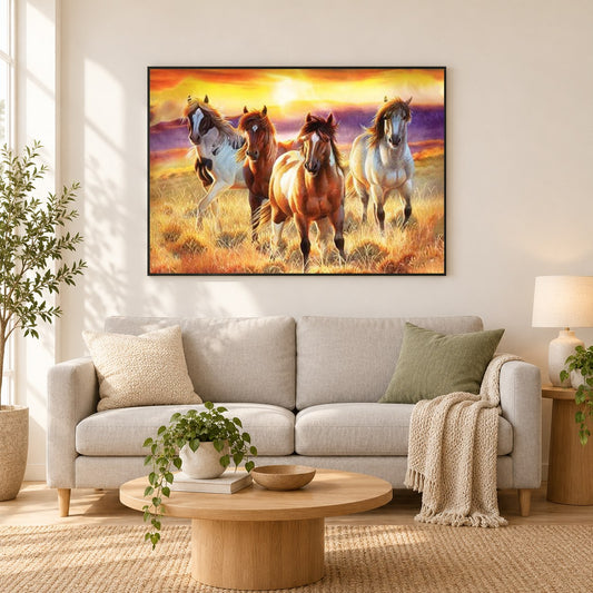 Untergehende Sonne & schöne Pferde als gerahmtes Diamond Painting im Wohnzimmer