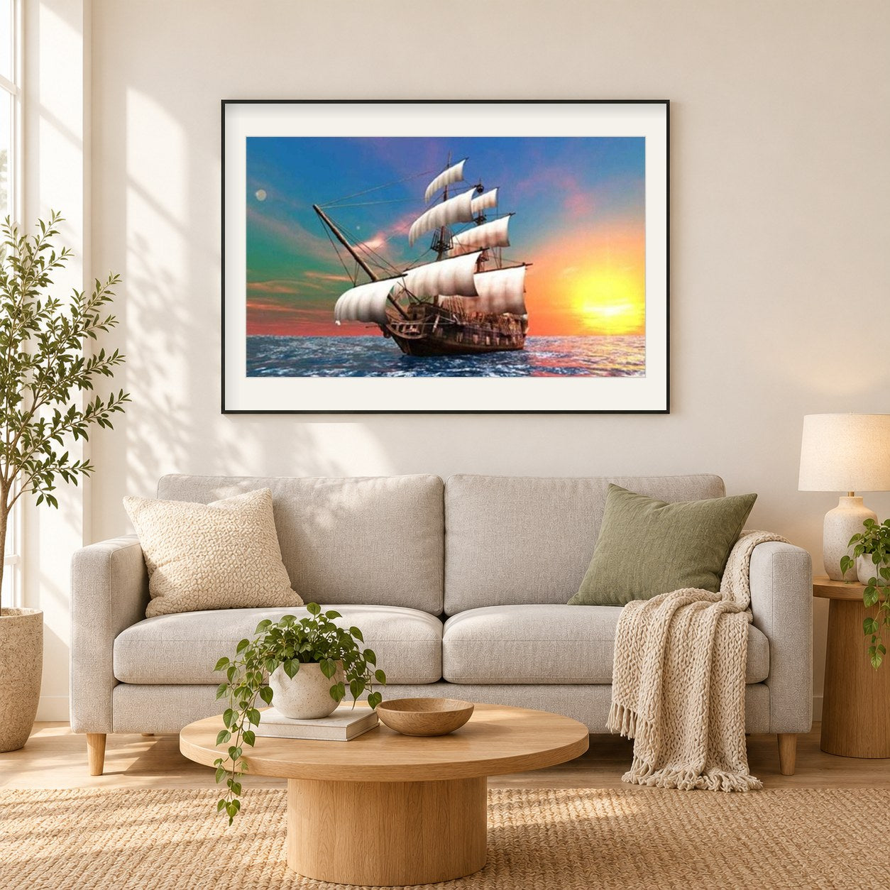 Untergehende Sonne & Segelschiff als gerahmtes Diamond Painting im Wohnzimmer