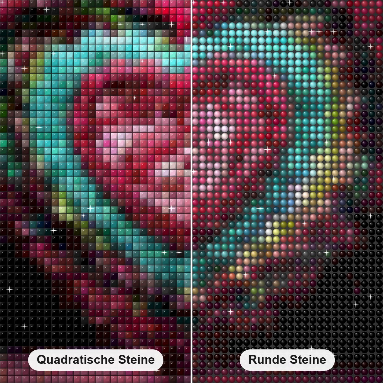 Valentinstag Paar Diamond Painting Nahaufnahme mit quadratischen und runden Steinen