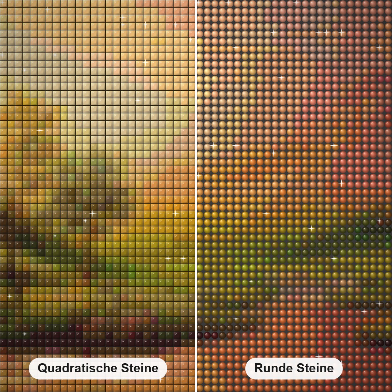 Tal der Ruhe - Kunst des Liam Kelly Diamond Painting Nahaufnahme mit quadratischen und runden Steinen