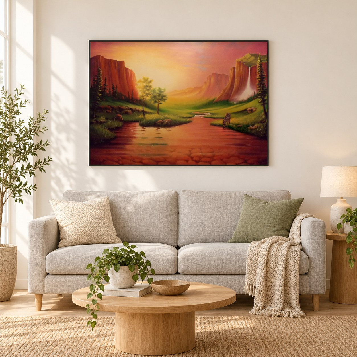 Tal der Ruhe - Kunst des Liam Kelly als gerahmtes Diamond Painting im Wohnzimmer