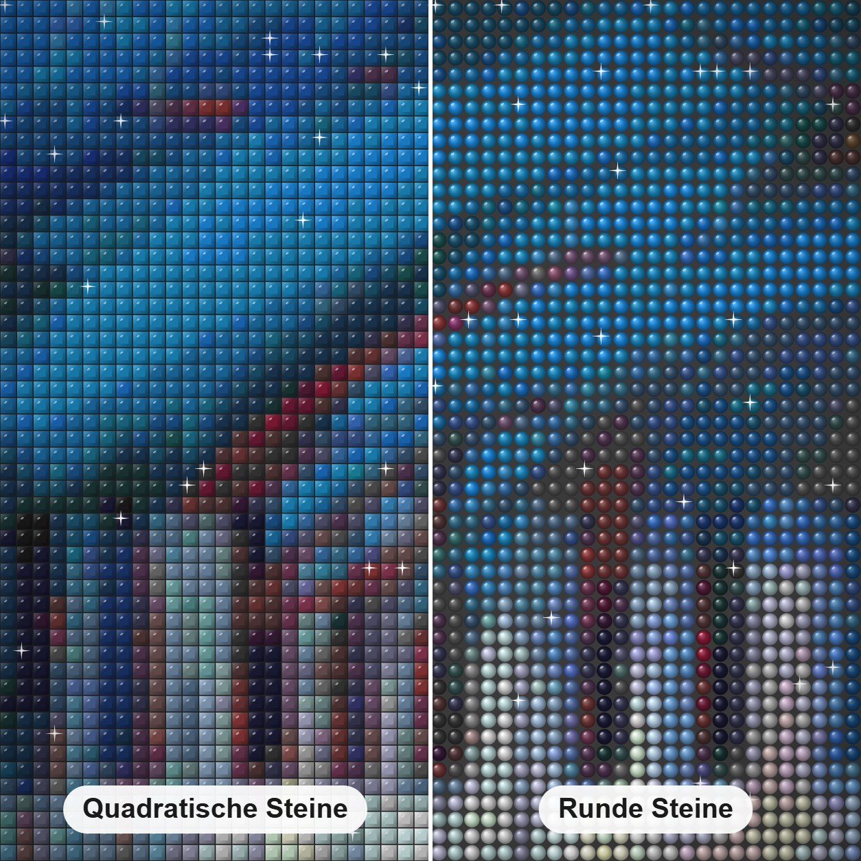 Variationen - Kunst des Simon Bull Diamond Painting Nahaufnahme mit quadratischen und runden Steinen