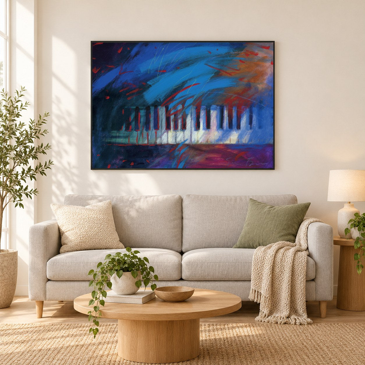 Variationen - Kunst des Simon Bull als gerahmtes Diamond Painting im Wohnzimmer