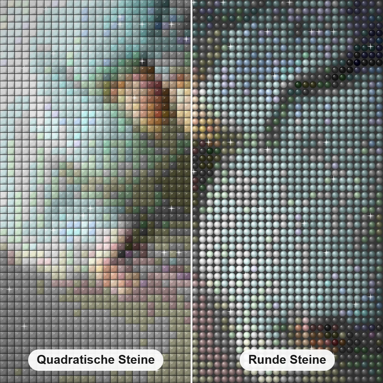 Verliebte Vögel Diamond Painting Nahaufnahme mit quadratischen und runden Steinen